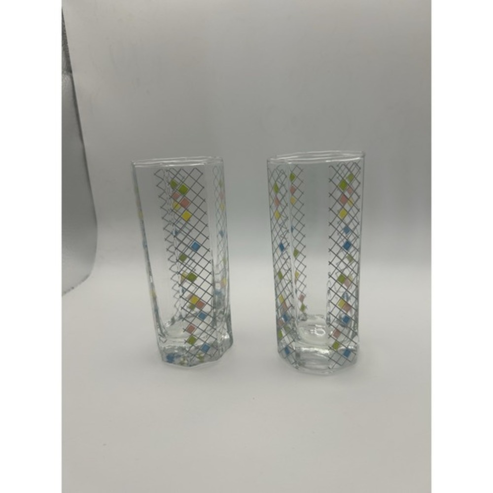MCM Clear Glass Highball Tumblers with Multicolor Diamond Pattern (Pair) - Picture 2 of 8